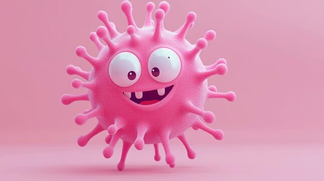 A cute and simple cartoon illustration of a pink virus or germ character with spikes and a face.

