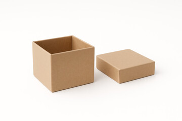 Small square kraft paper gift box with separate lid, displayed open and empty on a clean white background, perfect for retail packaging, handmade products, or gift wrapping concepts