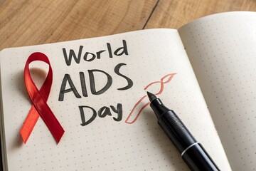 World aids day message written in a notebook with a red ribbon symbol