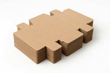 Large stack of flat unfolded cardboard sheets neatly arranged on a white background, ideal for custom box manufacturing, storage, or bulk packaging concepts
