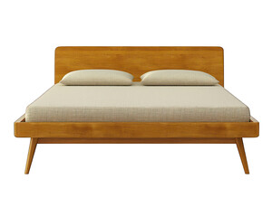 Mid-century modern bed with light-brown wood frame and cream-colored linens