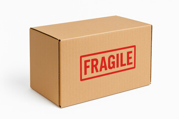 Cardboard shipping box with bold red fragile label printed on the side, isolated on white background for delivery and packaging concepts
