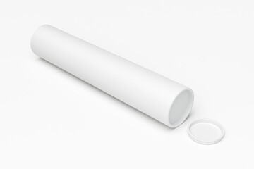White cardboard mailing tube with removable plastic cap, isolated on a clean white background, designed for shipping posters, artwork, or blueprints
