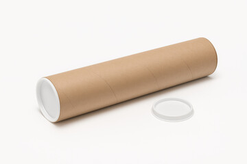 Brown cardboard mailing tube with removable white plastic end caps on a clean white background, ideal for shipping posters or documents