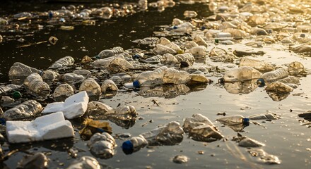 Obraz premium Plastic bottles choking murky polluted water
