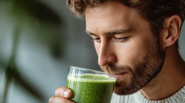 Man drinking a green smoothie. Refreshing beverage for wellness and nutrition. Close-up view of a healthy lifestyle choice, promoting vitality.