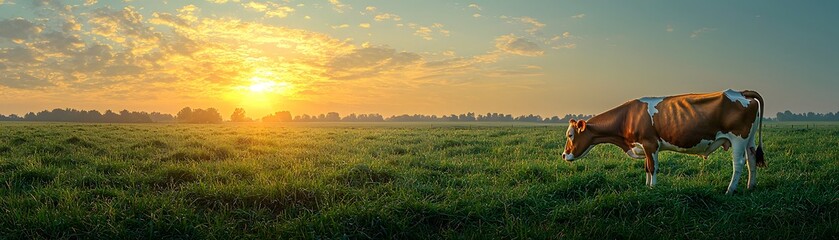 Peaceful cow grazing in a vast green pasture at sunset
