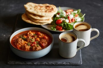 Delicious indian cuisine with naan bread and coffee