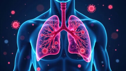 Human metapneumovirus HMPV, with blueprint of lungs and virus in the background. a respiratory virus causing flu-like symptoms coughs and fevers. Viral lung infection conept. 3d illustration