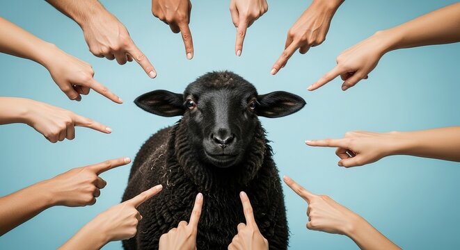 A single black sheep stands surrounded as many hands point directly at the animal, isolated.