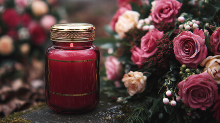 A red candle in a wreath of pink roses and white berries on a grave, a gold lid on a red glass jar...