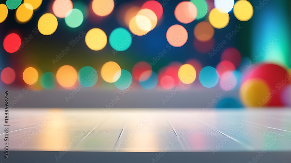 Poster empty white table for product display with a colorful festive bokeh background. party, celebration, 