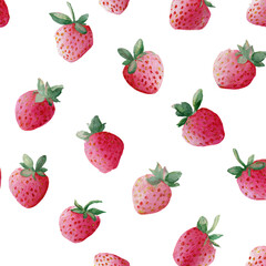Strawberry pattern on black background.  Hand-drawn style.  Watercolor effect