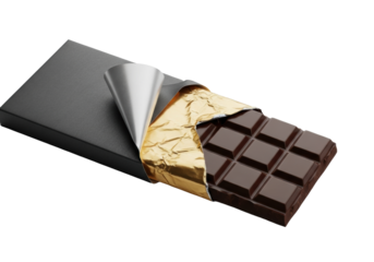 Rectangular premium dark chocolate bar with smooth surface, partially unwrapped charcoal gray packaging revealing glistening gold foil, on clean transparent. Refined indulgence concept