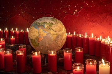 Globe surrounded by glowing red candles in a mystical atmosphere