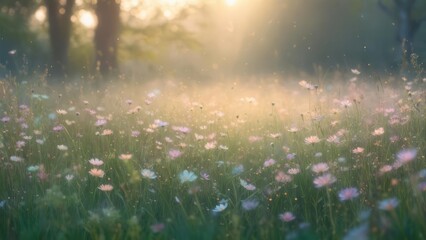 Misty field of wildflowers at sunrise