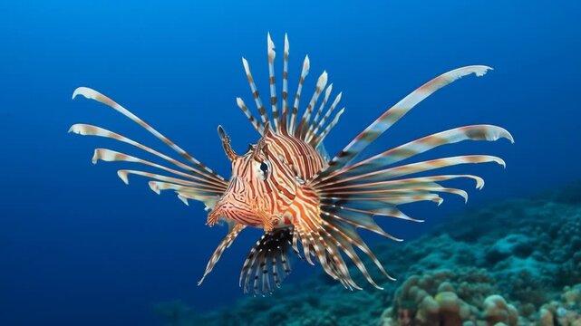 Lionfish Displaying Colorful Fins Underwater - A stunning lionfish is captured underwater, showcasing its intricate, feather-like fins spread wide.