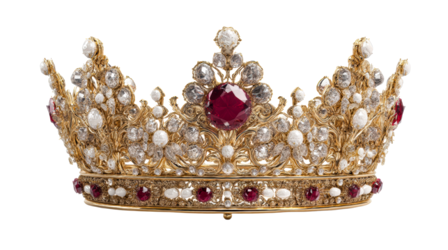 Ornate Golden Royal Crown Adorned with Red Gems and Pearls