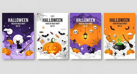 Obraz premium Four halloween themed posters featuring pumpkins cats bats skulls and trick or treat party text on each