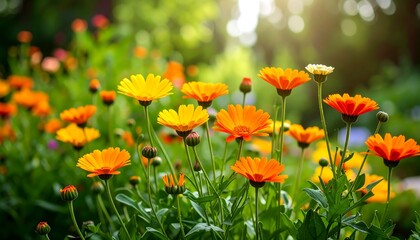 Fototapeta premium Vibrant orange and yellow flowers in garden