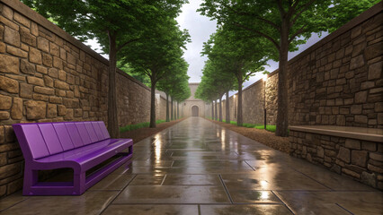 Fototapeta premium Purple bench on wet stone path in park pathway