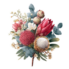 Vibrant floral bouquet, featuring red protea, eucalyptus, and other botanicals.  Detailed blossoms in various shades of red, pink, cream, and teal.  Textured leaves, stems, and seed pods. 