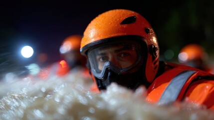 Rescue workers bravely navigating floodwaters to evacuate affected residents, rapid response. Emergency, heroism. Intense, urgent.