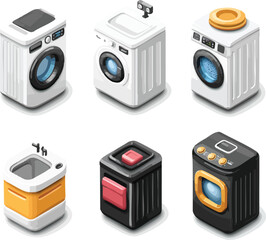 Modern laundry appliances collection including washing machine, dryer, and sink for home interior design