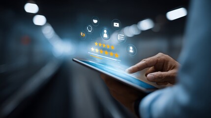 Person Providing Feedback via Tablet, Interacting with Digital Ratings in Subway Tunnel.
