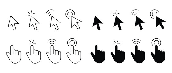 Click icon set. Set of mouse pointer click symbol vector collection. Computer click cursor hand and arrow icon. Finger cursor vector illustration sign symbol. Arrow, hand fill and outline web design.