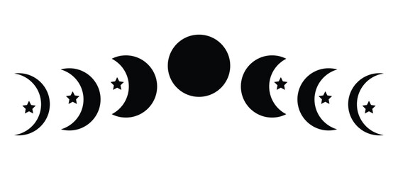 Moon phase, star icon set. Moon phases icon in flat style silhouette symbol design. Set of moon phase, star icon vector illustration on white background.