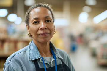 Naklejka premium Portrait of a middle aged African American female worker in grocery store