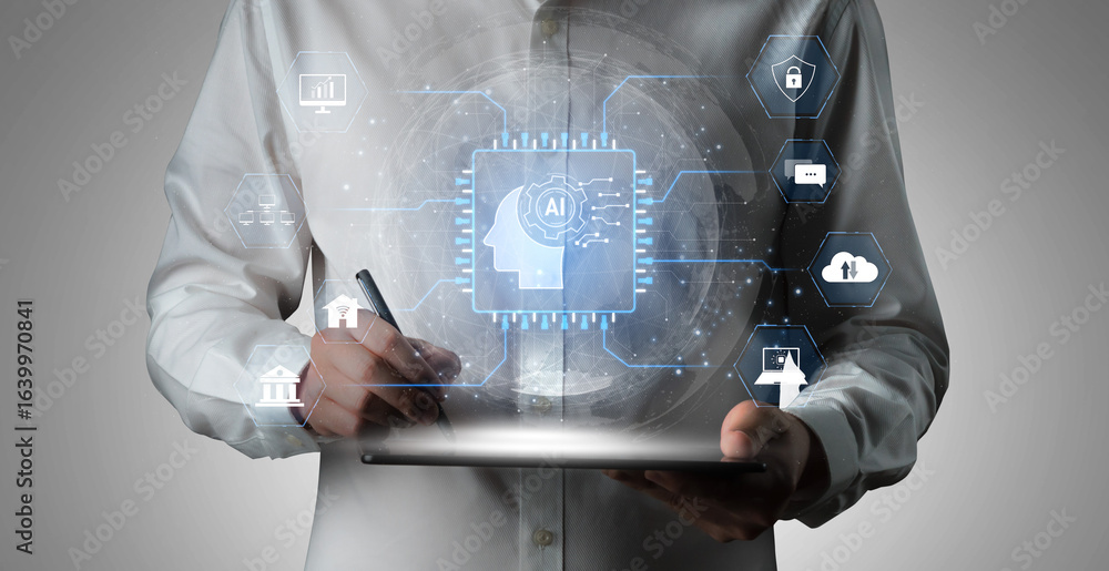 Poster ai system integration connects ai, system, and integration across digital networks to enhance servic