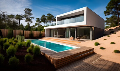 Fototapeta premium Modern architectural villa with a pool, surrounded by nature, showcasing a sleek and stylish design with a wooden deck