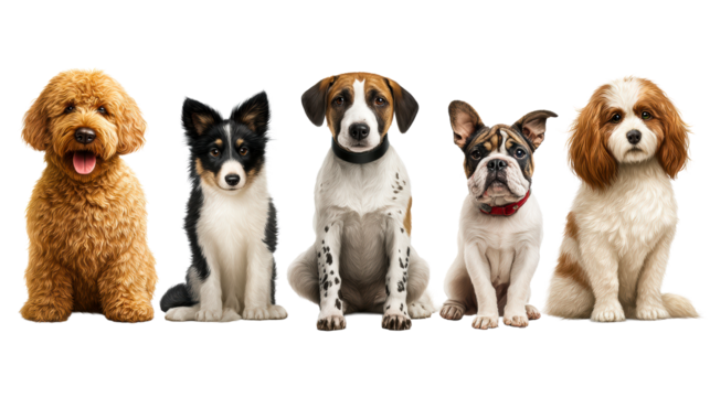 Group of five diverse puppy breeds sitting together on a clean white surface
