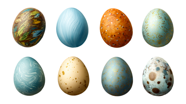 Collection of intricately decorated eggs with diverse textures
