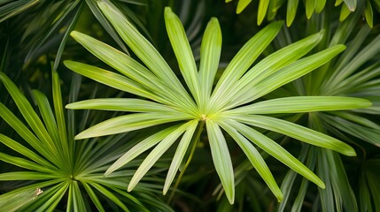 Fototapeta premium Lush green palm fronds tropical foliage background