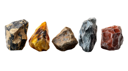 Assortment of rough, textured mineral rocks with distinct coloration