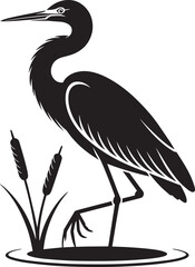 Elegant Heron Silhouette in Wetland Setting Black Vector Illustration on Transparent Backdrop