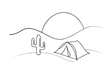 Minimalist single line drawing a desert landscape with cactus tent camping