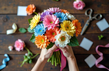 Colorful bouquet of different flowers and leafs with a pink ribbon on wooden table in flower shop. Florist collects a flower arrangement and holds it in his hands. . Florist store concept