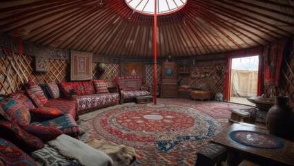 Ornate Mongolian Yurt Interior: A Circular Sanctuary of Rich Textiles and Carved Wood