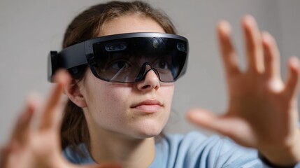 Student conducting virtual lab experiments with haptic feedback, realistic simulations. STEM, practical skills.