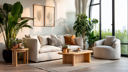 Obraz premium Soft Natural Light Illuminating Scandinavian Lounge With Textured Sofa and Cushions Captured in Clean Modern Real Photo Style