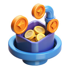 Toy sink with coins isolated on transparent background