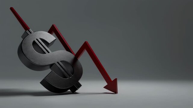 Dollar sign and red arrow showing financial decline in animated sequence. Currency value decreasing concept footage.
