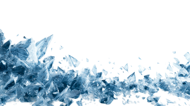 Scattered blue ice shards exploding across a bright white surface