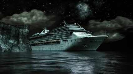 Cruise ship at night, stormy seas