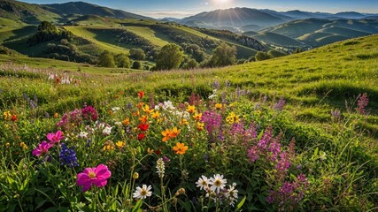 Fototapeta premium Spring meadow with blooming wildflowers under blue sky in high detail.