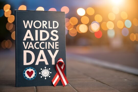 World aids vaccine day awareness with red ribbon and symbols